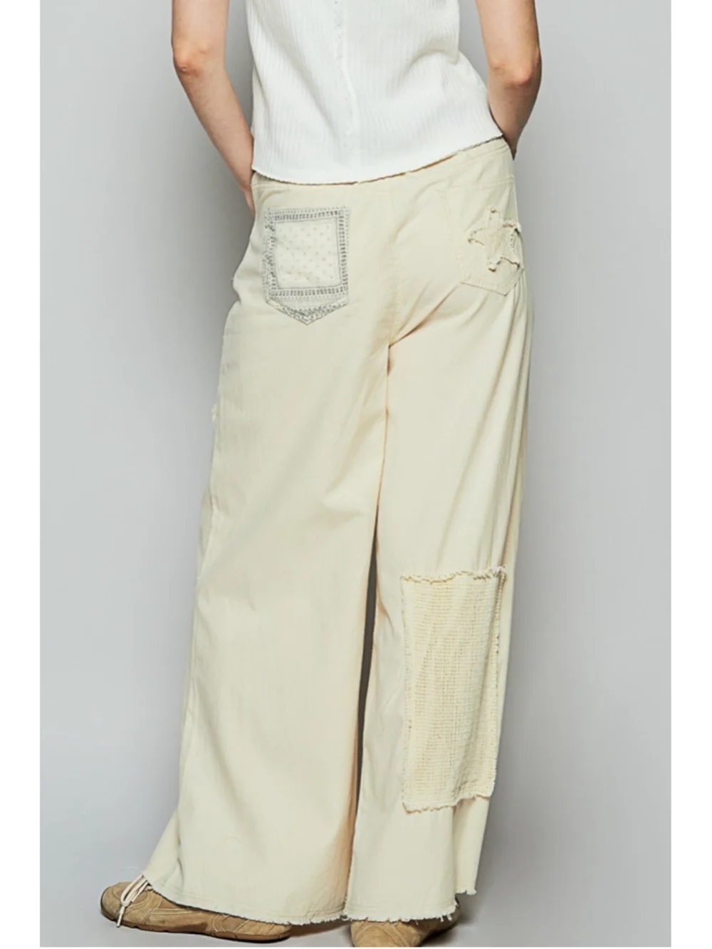 POL Womens Denim & Twill Embroidered Patchwork Wide Leg Pants MED Cream Lace EUC - Picture 3 of 9